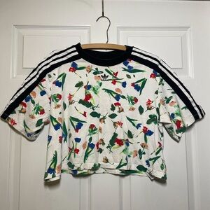 ADIDAS Womens Large AOP Floral Top Cropped White Sporty Lightweight T Shirt